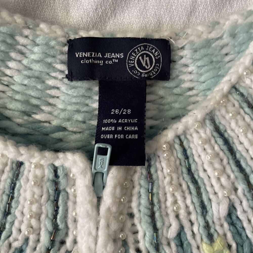 Handmade Womens Knit Cardigan With Floral Yoke Design Size M Pastel Mint Green & - Picture 7 of 8